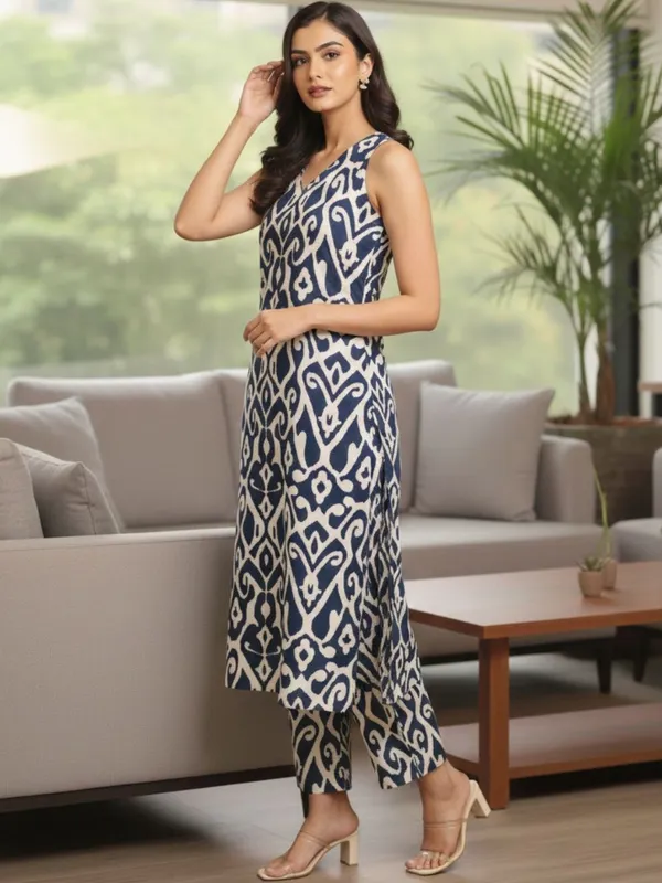 Navy_Blue_Floral_Printed_Cotton_Kurta_Trouser_Set