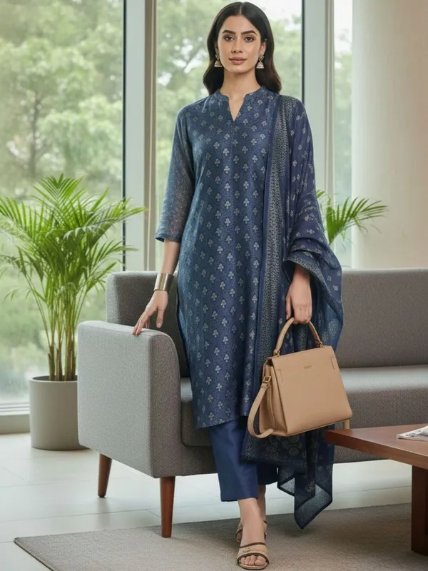 Navy_Blue_Floral_Printed_CFloraleri_Silk_Kurta_Trouser_Dupatta_Set