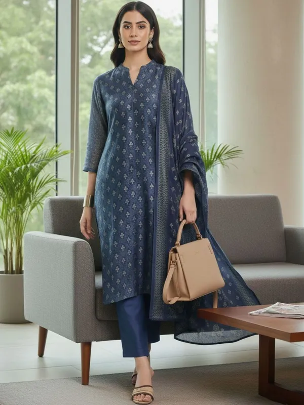 Navy_Blue_Floral_Printed_CFloraleri_Silk_Kurta_Trouser_Dupatta_Set