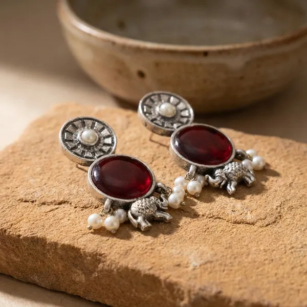 Maroon_And_Silver_Brass_Earrings_For_Women_|_Anti-Tarnish