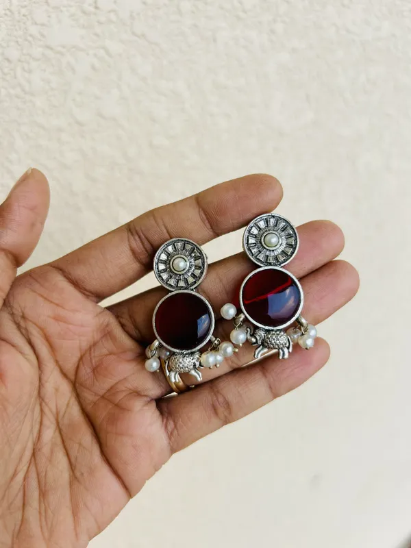 Maroon_And_Silver_Brass_Earrings_For_Women_|_Anti-Tarnish
