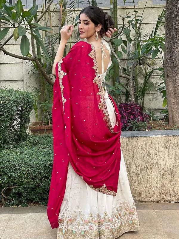 White_And_Red_Chinon_Lehenga_Choli_For_Women