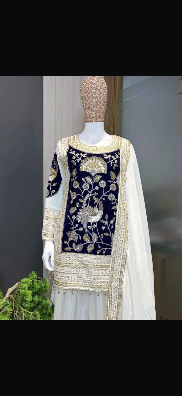 White_And_Navy_French_Crepe_Ethnic_Suit_Set_For_Women