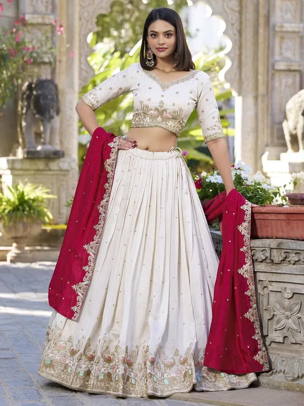 White_And_Red_Chinon_Lehenga_Choli_For_Women