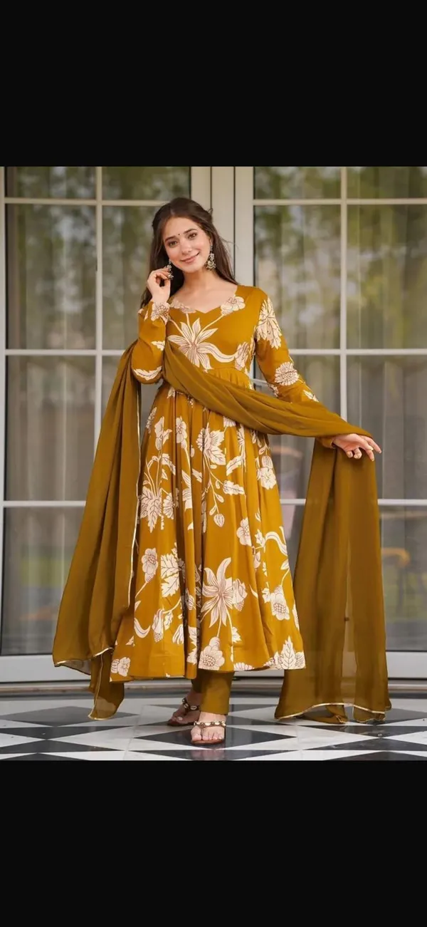 Mustard_Yellow_Rayon_Slub_Anarkali_Kurta_Set_For_Women