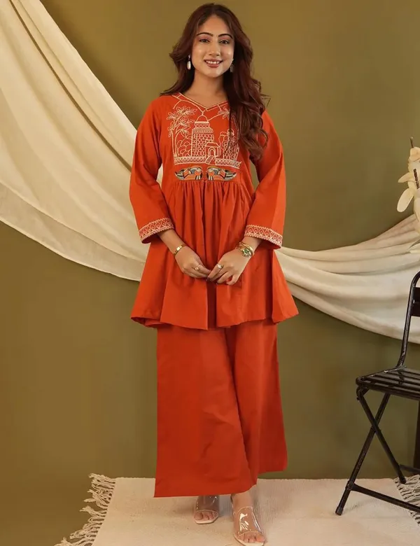 Orange_Crepe_Kurti_Palazzo_Set_For_Women
