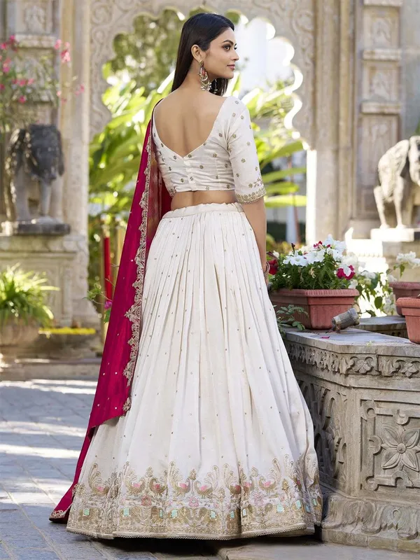 White_And_Red_Chinon_Lehenga_Choli_For_Women
