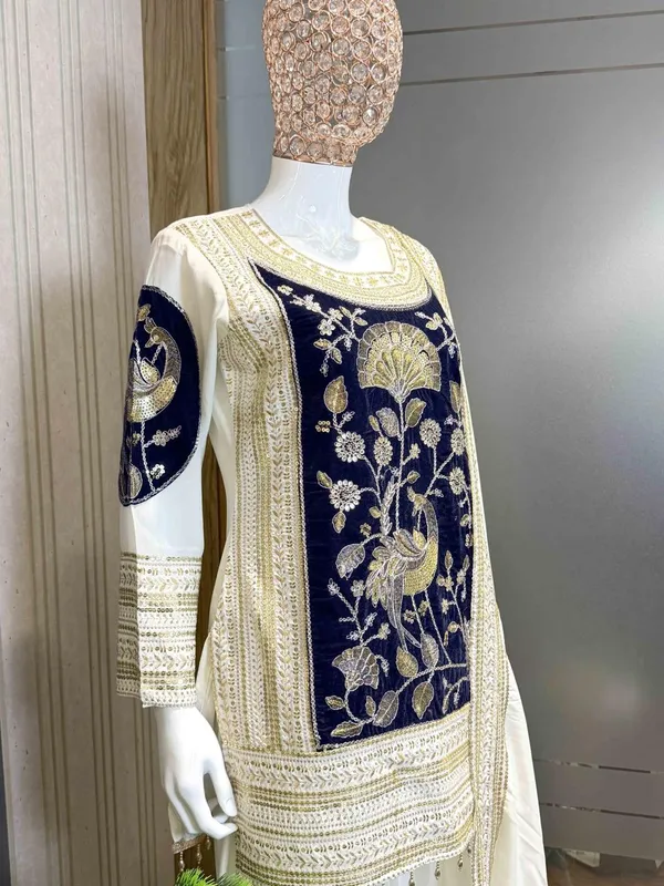 White_And_Navy_French_Crepe_Ethnic_Suit_Set_For_Women