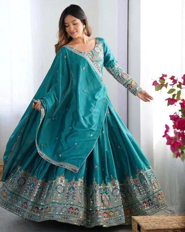 Teal_Blue_Georgette_Lehenga_Choli_For_Women
