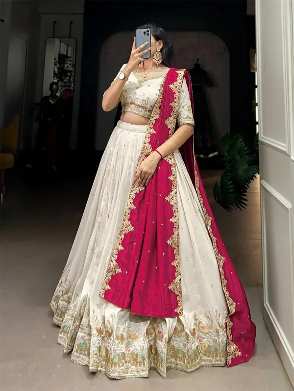 White_And_Red_Chinon_Lehenga_Choli_For_Women