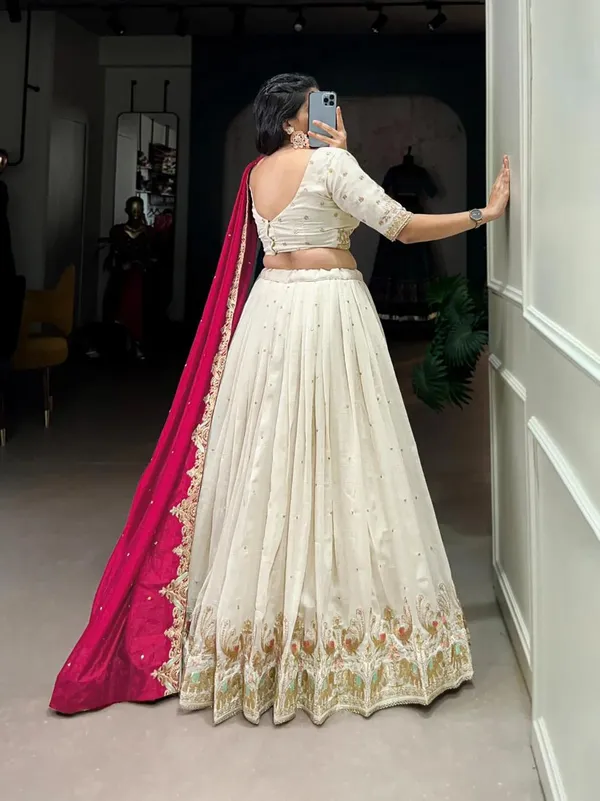 White_And_Red_Chinon_Lehenga_Choli_For_Women