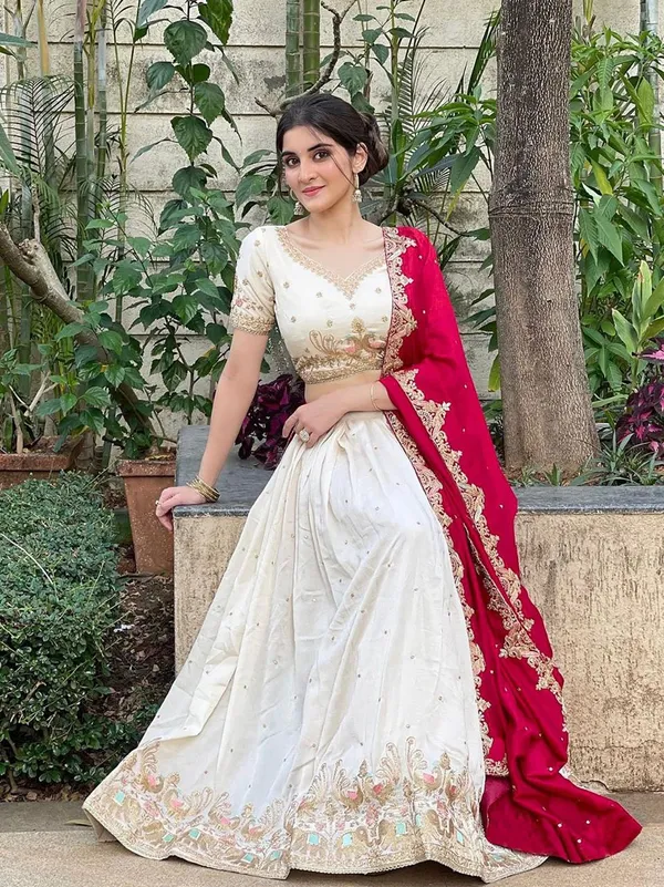 White_And_Red_Chinon_Lehenga_Choli_For_Women