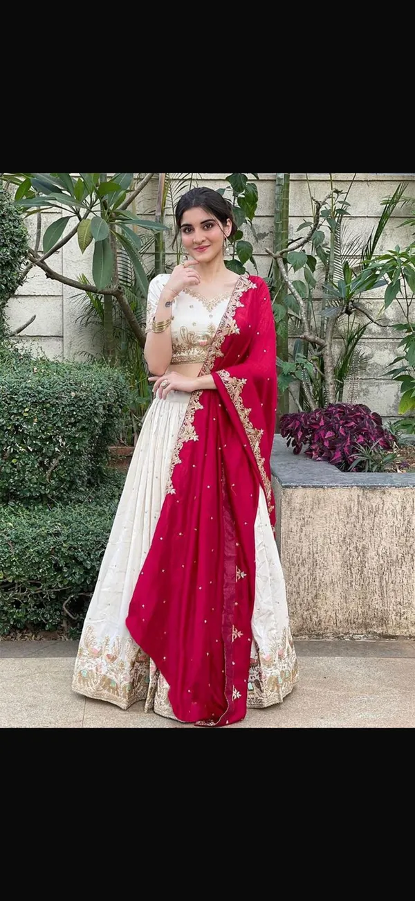 White_And_Red_Chinon_Lehenga_Choli_For_Women
