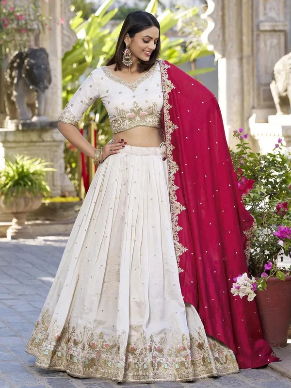 White_And_Red_Chinon_Lehenga_Choli_For_Women