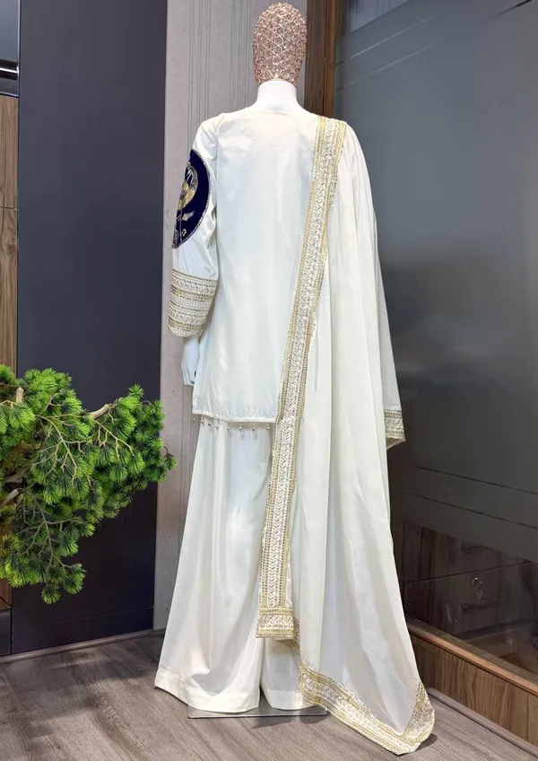 White_And_Navy_French_Crepe_Ethnic_Suit_Set_For_Women