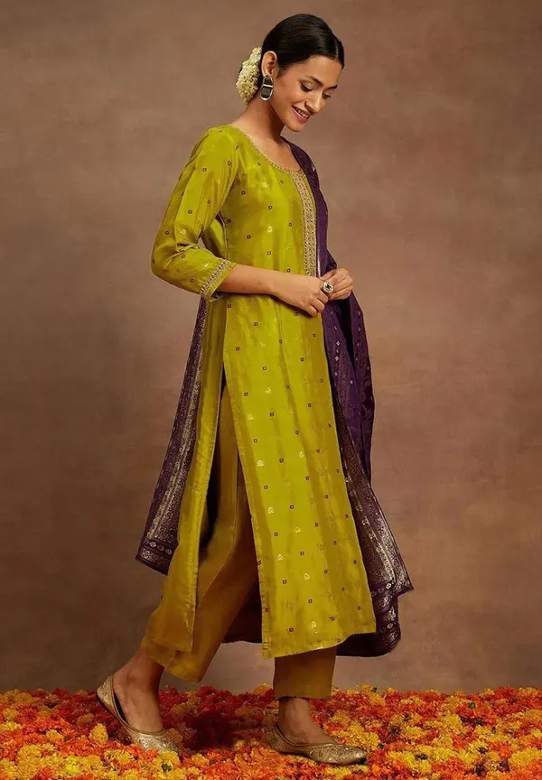 Lime_Green_Art_Silk_Kurta_Set_For_Women