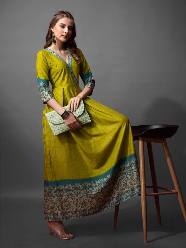 Olive_Green_Flared_Ethnic_Dress_With_Printed_Border