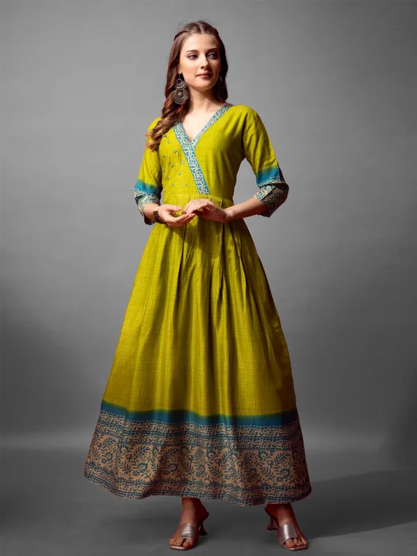 Olive_Green_Flared_Ethnic_Dress_With_Printed_Border
