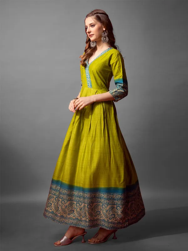 Olive_Green_Flared_Ethnic_Dress_With_Printed_Border