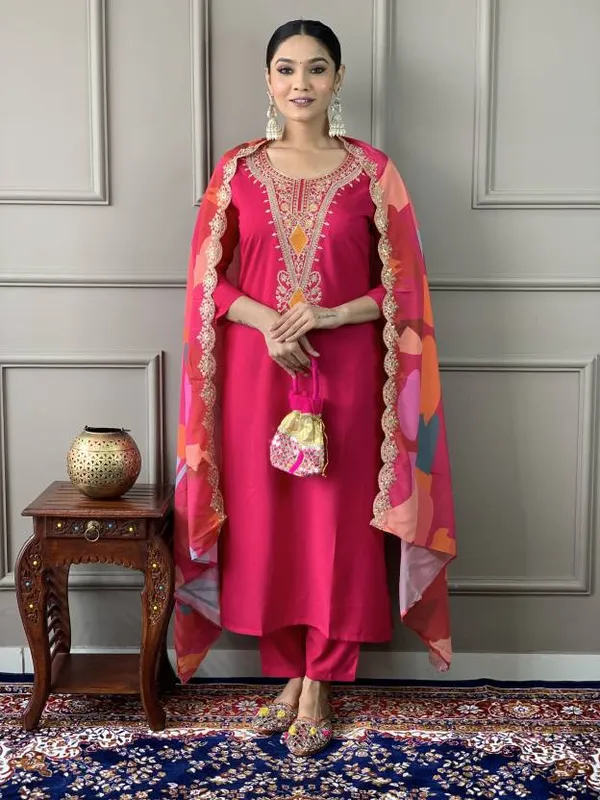 Rani_Pink_Embroidered_Kurta_Pant_Set_with_Printed_Dupatta