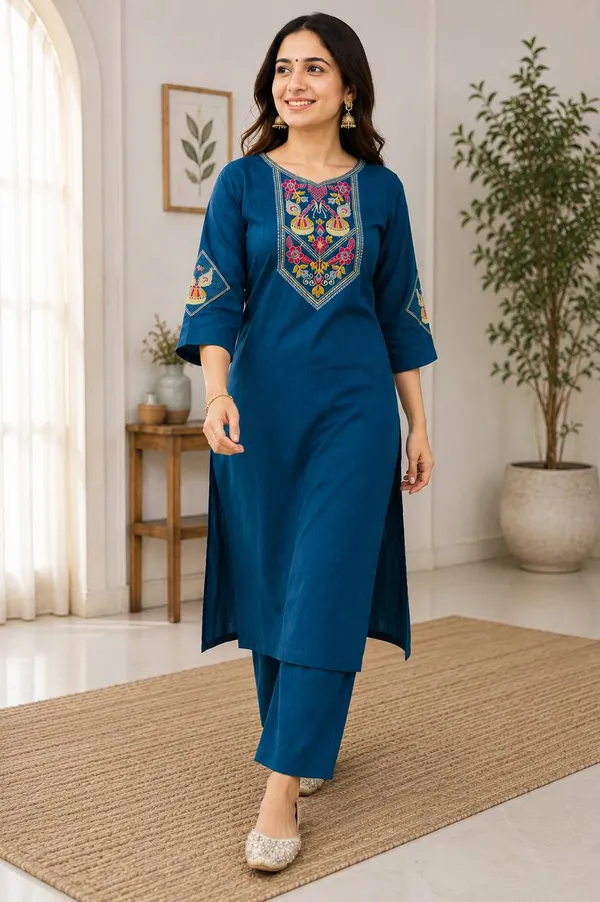 Royal_Blue_Floral_Embroidered_Cotton_Kurta_Pant_Set
