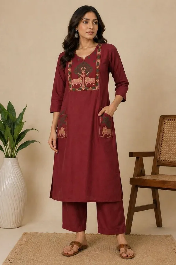 Siya_Women_Maroon_Embroidered_Kurta_Pant_Set