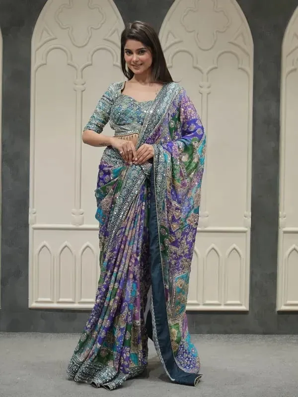 Women's_Royal_Blue_Multicolor_Designer_Printed_Saree_&_Mirror_Work