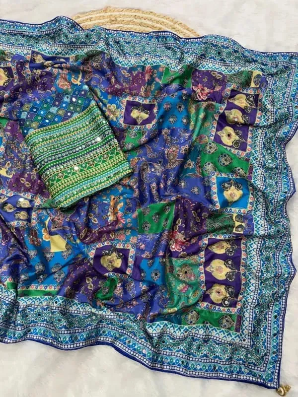 Women's_Royal_Blue_Multicolor_Designer_Printed_Saree_&_Mirror_Work