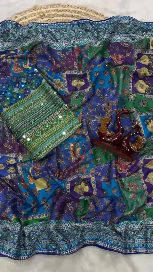 Women's_Royal_Blue_Multicolor_Designer_Printed_Saree_&_Mirror_Work