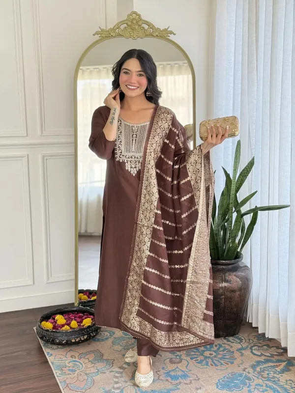 Women's_Brown_Embroidered_Kurta_Pant_Set_with_Dupatta
