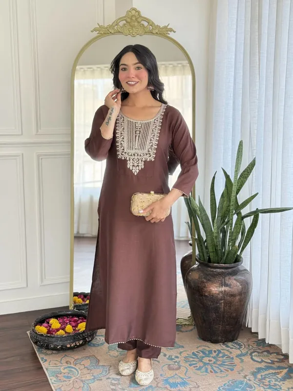 Women's_Brown_Embroidered_Kurta_Pant_Set_with_Dupatta