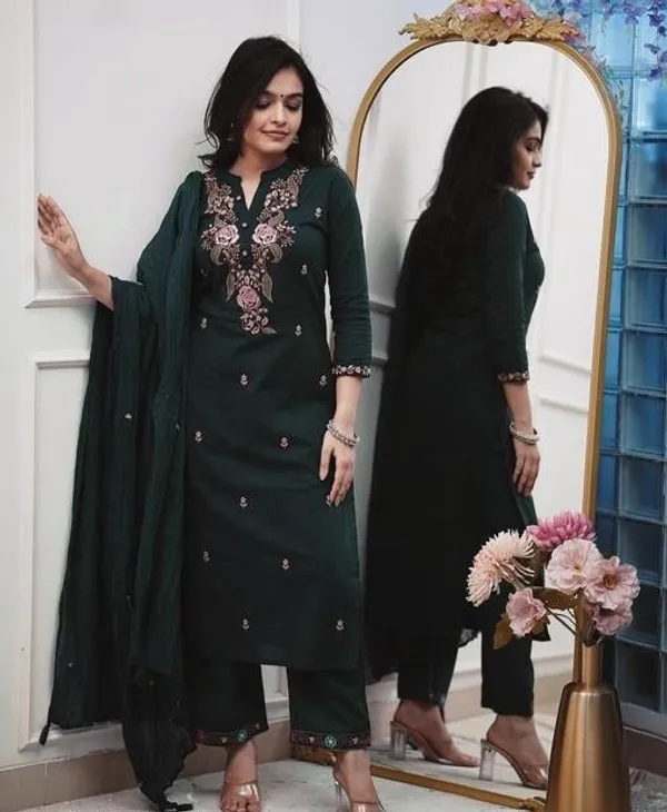 Women's_Dark_Green_Floral_Embroidered_Kurta_Pant_with_Dupatta_Set_|_Ethnic_3-Piece_Suit_Set