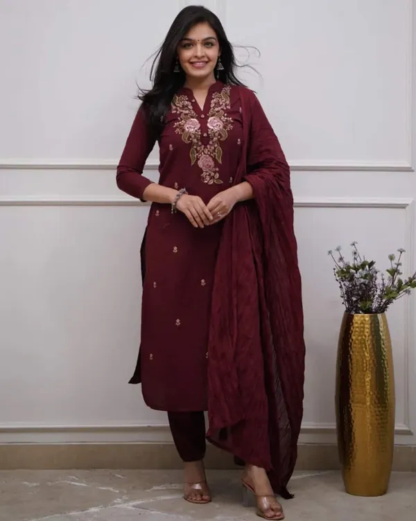 Women's_Elegant_Maroon_Floral_Embroidered_Kurta_Pant_with_Dupatta_Set