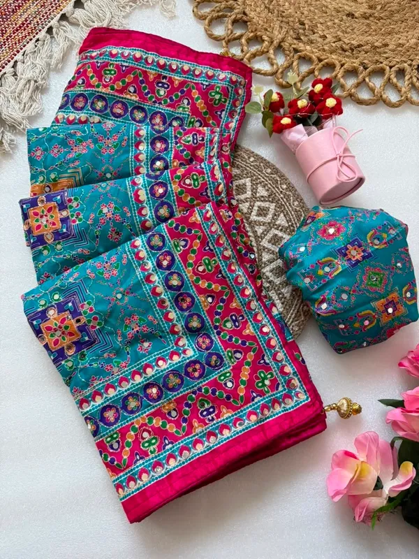 Women’s_Elegant_Teal_Blue_Printed_Designer_Saree_with_Embellished_Border