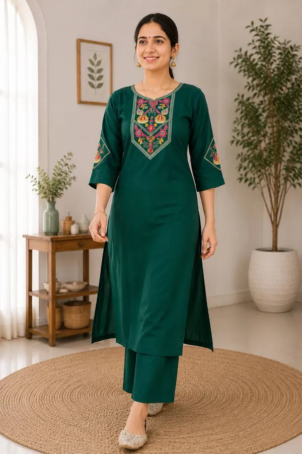 Women's_Emerald_Green_Embroidered_Kurti_Palazzo_Set