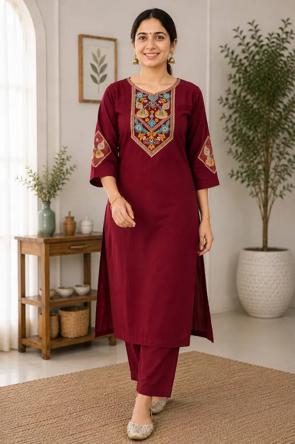 Women's_Maroon_Embroidered_Straight_Cotton_Kurti_with_Palazzo_Set_|_3/4_Sleeve_Ethnic_Wear_|_Festive_&_Casual_Kurta_Set