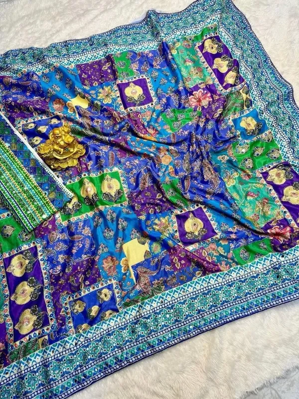 Women's_Royal_Blue_Multicolor_Designer_Printed_Saree_&_Mirror_Work