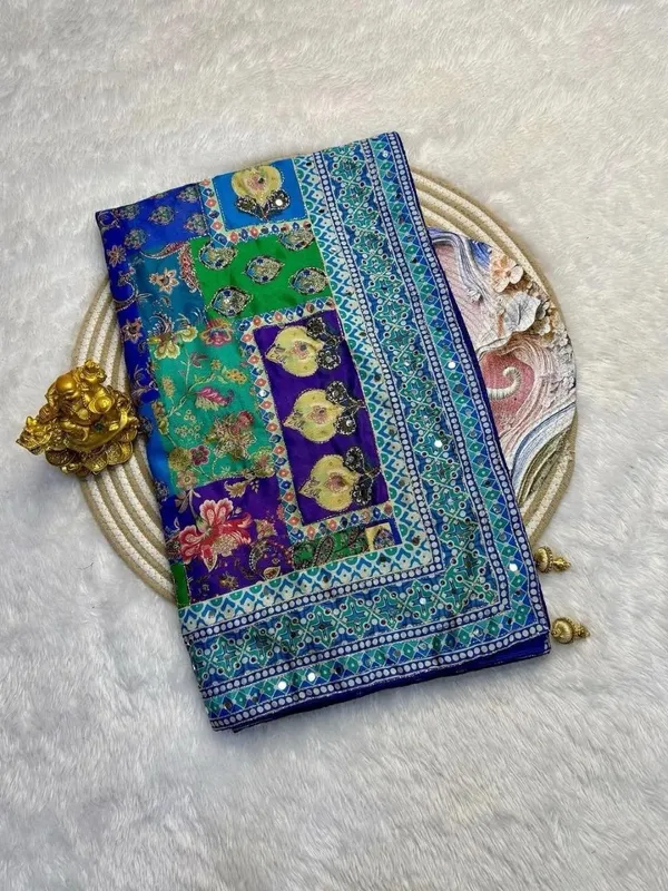 Women's_Royal_Blue_Multicolor_Designer_Printed_Saree_&_Mirror_Work