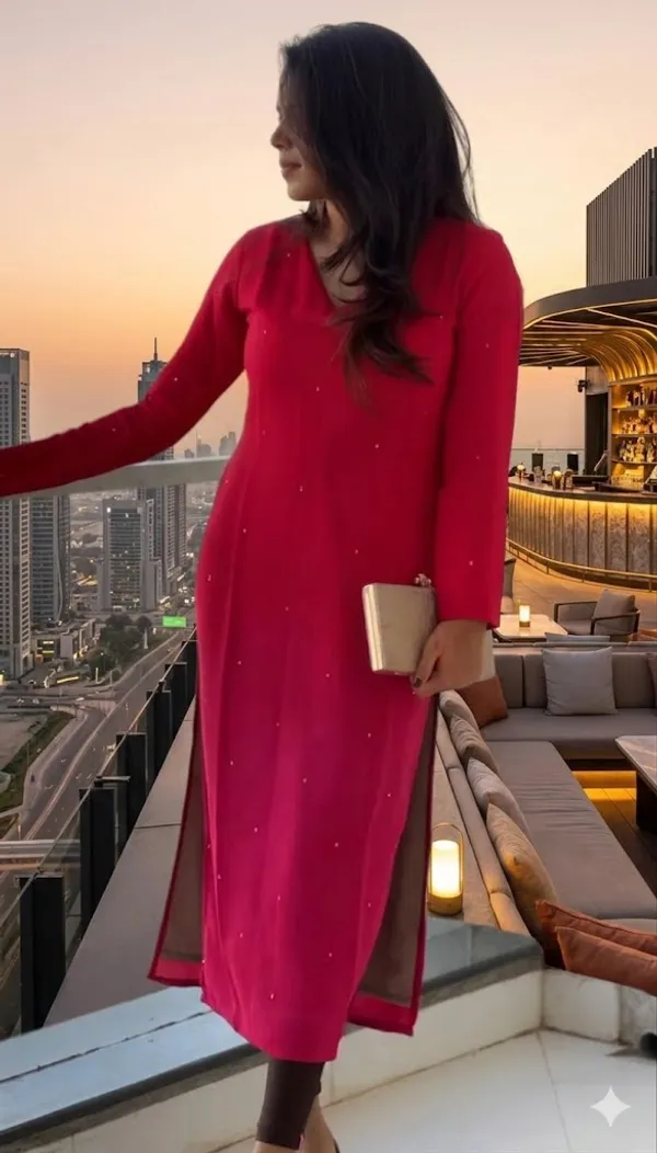 Red_Pearl_Embellished_Long_Kurti_With_Side_Slits