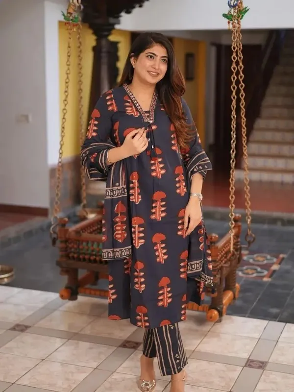 Brown_Printed_Kurta_Set_With_Striped_Pants_Womens_Ethnic_Wear
