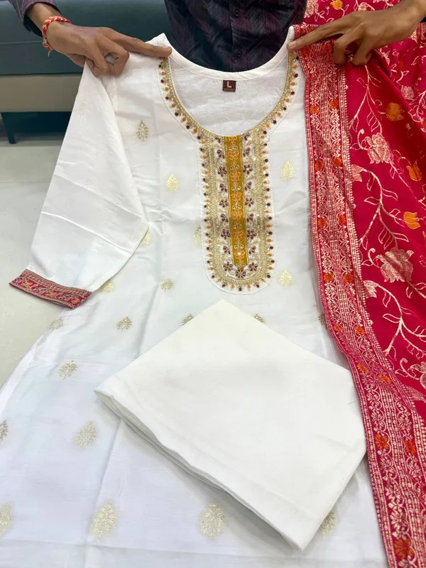 White_Ethnic_Suit_Set_With_Embroidered_Border_And_Red_Banarasi_Dupatta