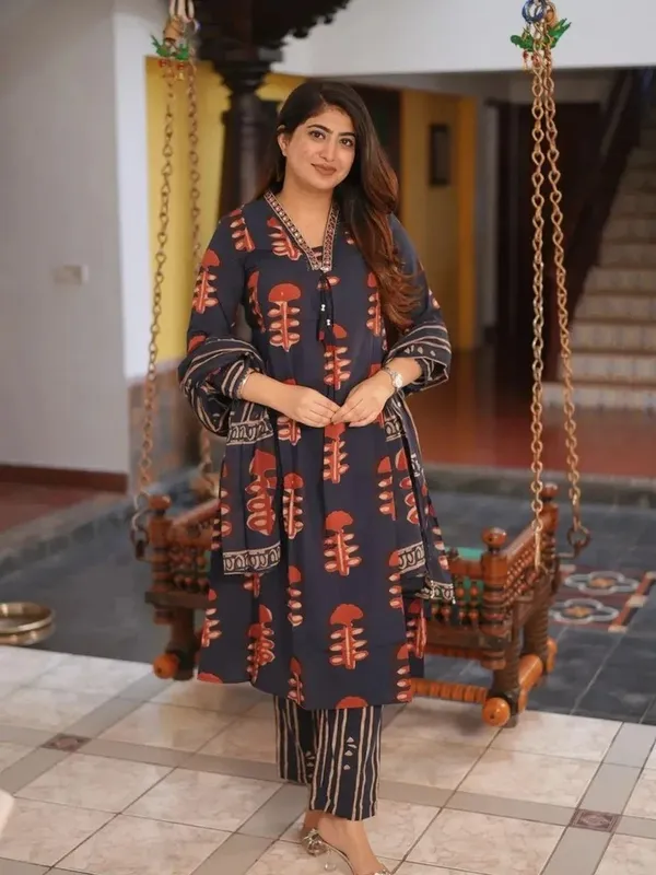 Brown_Printed_Kurta_Set_With_Striped_Pants_Womens_Ethnic_Wear