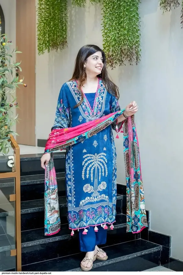 Premium_Muslin_Handwork_Kurti_Pant_Dupatta_Set_Blue_Embroidered_Ethnic_Wear