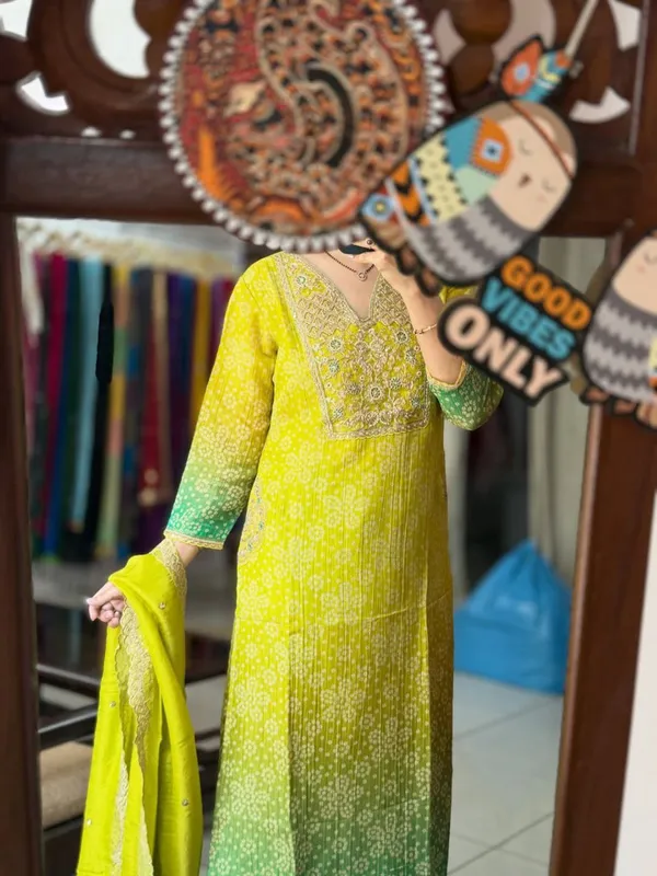 Lime_Green_And_Teal_Ombre_Bandhani_Print_Salwar_Suit_Set_With_Embroidered_Yoke_And_Sleeves