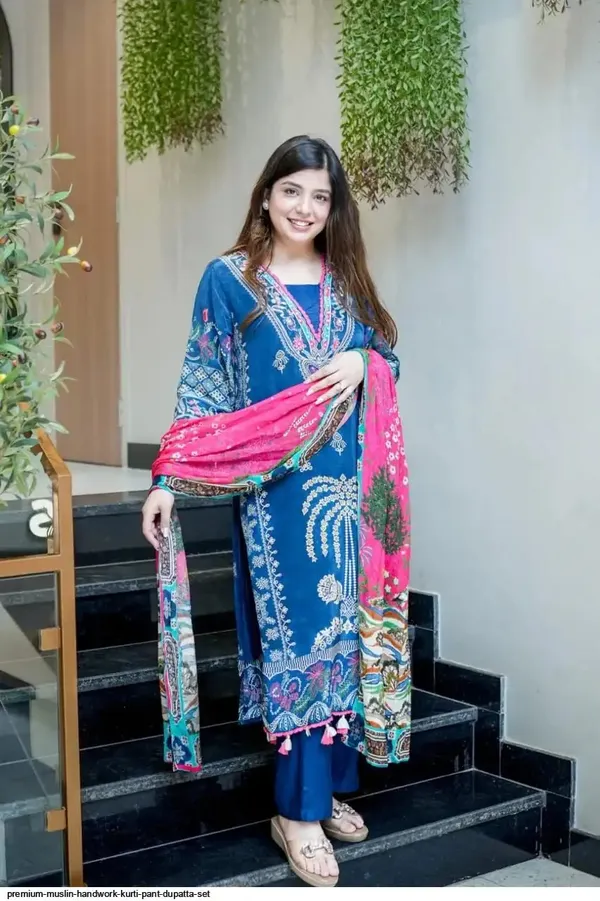 Premium_Muslin_Handwork_Kurti_Pant_Dupatta_Set_Blue_Embroidered_Ethnic_Wear