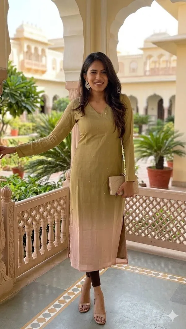 Womens_Olive_Green_And_Beige_Color_Block_Kurti_With_Side_Slit