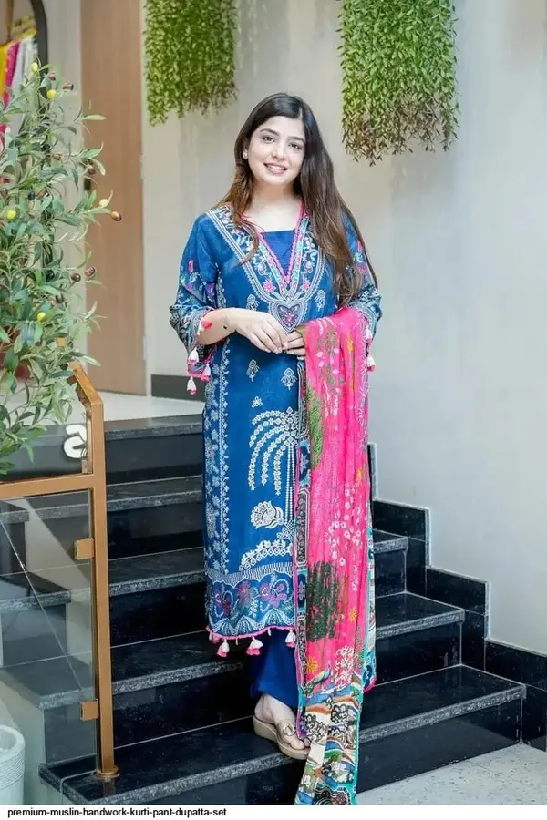 Premium_Muslin_Handwork_Kurti_Pant_Dupatta_Set_Blue_Embroidered_Ethnic_Wear