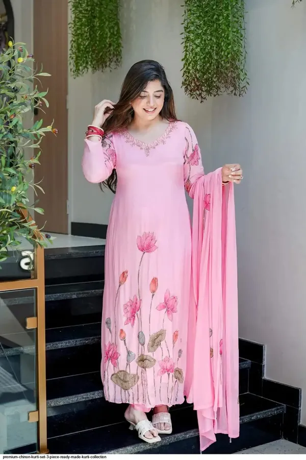 Premium_Chinon_Kurti_3Piece_Ready_Made_Suit_Collection_Pink_Lotus_Floral_Print
