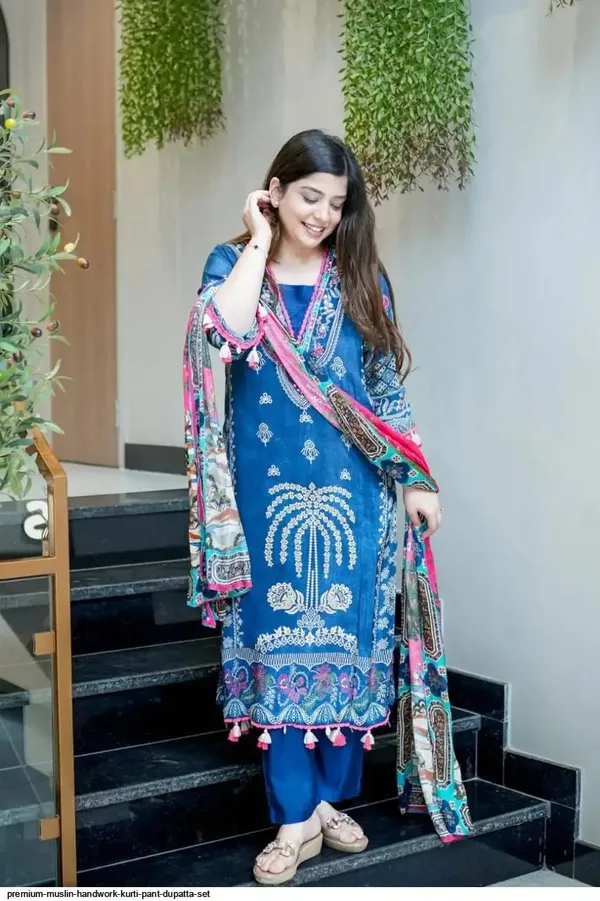 Premium_Muslin_Handwork_Kurti_Pant_Dupatta_Set_Blue_Embroidered_Ethnic_Wear