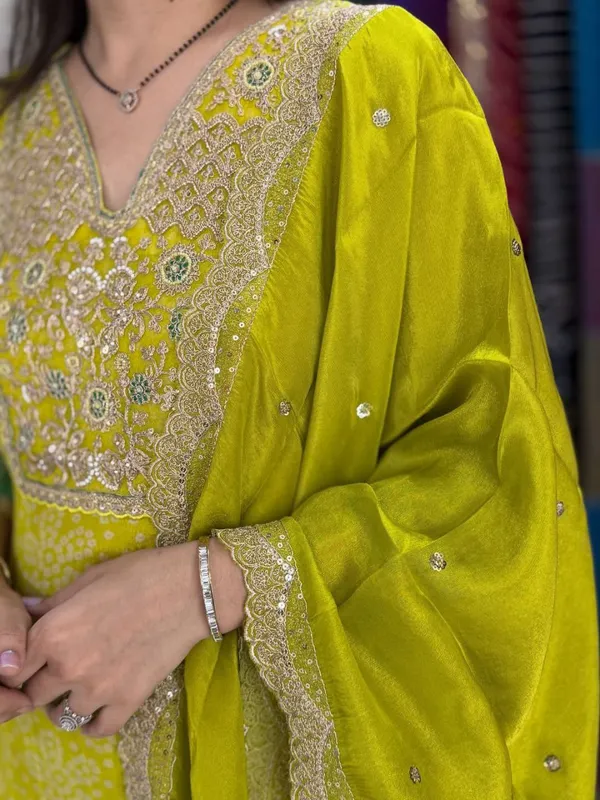 Lime_Green_And_Teal_Ombre_Bandhani_Print_Salwar_Suit_Set_With_Embroidered_Yoke_And_Sleeves